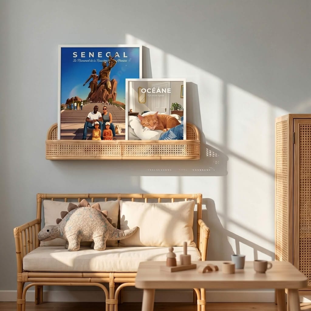 Rattan shelf with two family travel posters in a kids' room