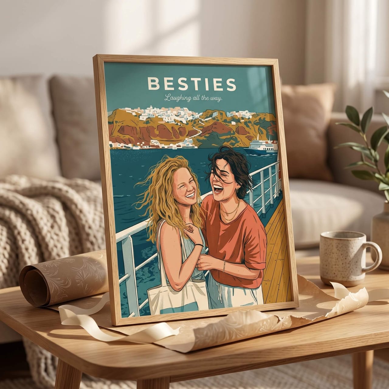 "Besties" travel poster gift on a coffee table