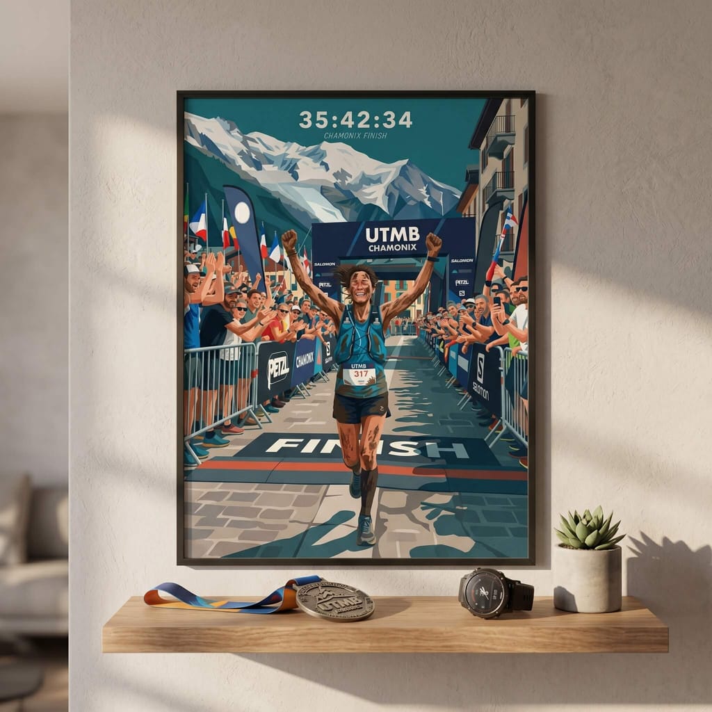 UTMB Chamonix finish-line poster above a shelf with medals
